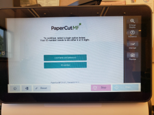 papercut MF login window, log in with username and password or middlebury ID